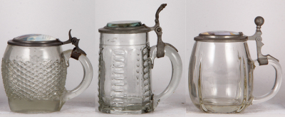 Three glass steins, .5L, mold blown & pressed, porcelain inlaid lids & photo [second], normal wear, first has a small chip at the bottom of the handle, others good condition. - 2