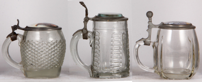 Three glass steins, .5L, mold blown & pressed, porcelain inlaid lids & photo [second], normal wear, first has a small chip at the bottom of the handle, others good condition. - 3