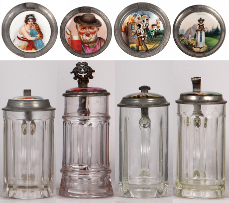Four glass steins, .5L, pressed, porcelain inlaid lids, normal wear, good condition.