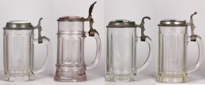 Four glass steins, .5L, pressed, porcelain inlaid lids, normal wear, good condition. - 2