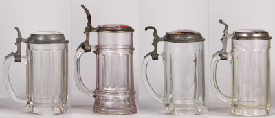 Four glass steins, .5L, pressed, porcelain inlaid lids, normal wear, good condition. - 3