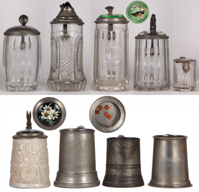 Group of nine beer steins and mugs, four glass steins, blown, mold blown & pressed, all lidded; small glass saving bank; stoneware stein, .5L, porcelain inlaid lid; three pewter mugs, one has dice in the bottom, normal wear, good condition. 