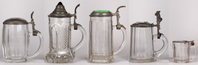 Group of nine beer steins and mugs, four glass steins, blown, mold blown & pressed, all lidded; small glass saving bank; stoneware stein, .5L, porcelain inlaid lid; three pewter mugs, one has dice in the bottom, normal wear, good condition.  - 2