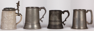 Group of nine beer steins and mugs, four glass steins, blown, mold blown & pressed, all lidded; small glass saving bank; stoneware stein, .5L, porcelain inlaid lid; three pewter mugs, one has dice in the bottom, normal wear, good condition.  - 3