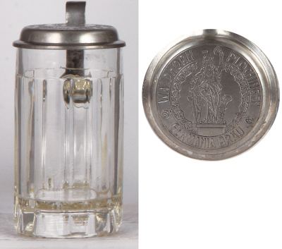 Glass stein, .35L, pressed, clear, marked crown, Sachsen glass, pewter lid: Waldhorn - Plochingen Germania Bräu, mint.