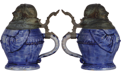 Two Character steins, .5L, stoneware, Monks, blue salt glaze, first has a pewter lid, a few small glaze flakes; second has a few tiny glaze flakes.