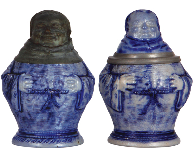 Two Character steins, .5L, stoneware, Monks, blue salt glaze, first has a pewter lid, a few small glaze flakes; second has a few tiny glaze flakes. - 2