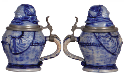 Two Character steins, .5L, stoneware, Monks, blue salt glaze, first has a pewter lid, a few small glaze flakes; second has a few tiny glaze flakes. - 3