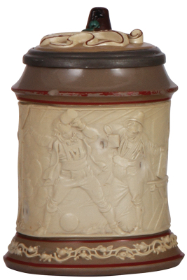 Mettlach stein, .5L, 328, earlyware, L. Foltz, inlaid lid, small chip, some red band wear, loose hinge.