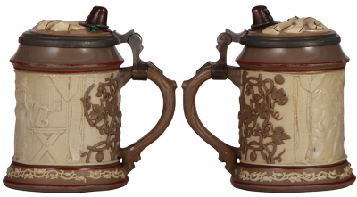 Mettlach stein, .5L, 328, earlyware, L. Foltz, inlaid lid, small chip, some red band wear, loose hinge. - 2