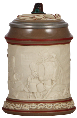 Mettlach stein, .5L, 328, relief, earlyware, inlaid lid, a couple of small chips to relief in rear.