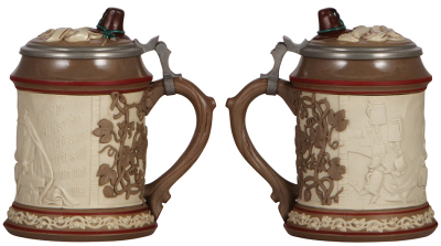 Mettlach stein, .5L, 328, relief, earlyware, inlaid lid, a couple of small chips to relief in rear. - 2