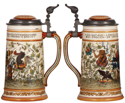 Mettlach stein, 1.0L, 2027, etched, inlaid lid, good repair to hairline on inlay, body mint. - 2