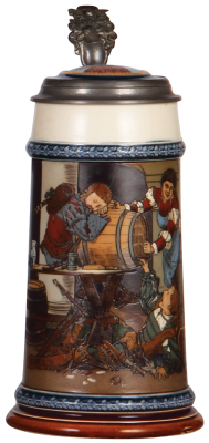 Mettlach stein, 1.0L, 2500, etched, inlaid lid, mint.