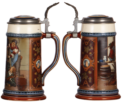 Mettlach stein, 1.0L, 2500, etched, inlaid lid, mint. - 2