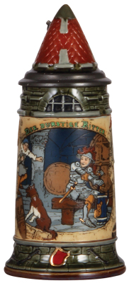 Mettlach stein, .5L, 2382, etched, by H. Schlitt, inlaid lid, good repair to finial chip.
