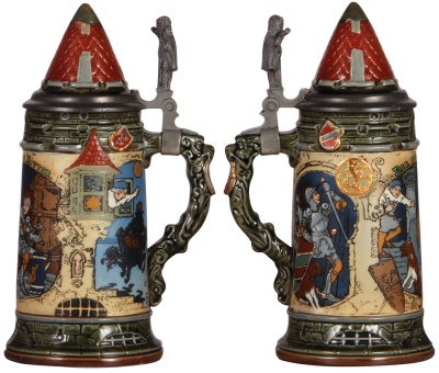 Mettlach stein, .5L, 2382, etched, by H. Schlitt, inlaid lid, good repair to finial chip. - 2