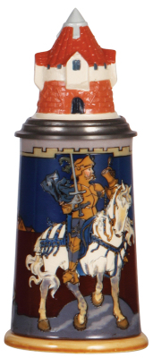 Mettlach stein, .5L, 2765, etched, Knight on White Horse, inlaid lid, by H. Schlitt, flake on edge of tower.