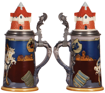 Mettlach stein, .5L, 2765, etched, Knight on White Horse, inlaid lid, by H. Schlitt, flake on edge of tower. - 2