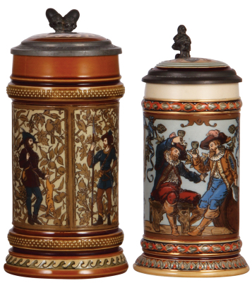 Two Mettlach steins, 1.0L, 1154, etched, porcelain inlaid lid: Normania sei's Panier! 1887, body repaired; with, .5L, 1932, etched, inlaid lid from #2801, mint.