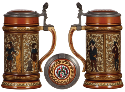 Two Mettlach steins, 1.0L, 1154, etched, porcelain inlaid lid: Normania sei's Panier! 1887, body repaired; with, .5L, 1932, etched, inlaid lid from #2801, mint. - 2