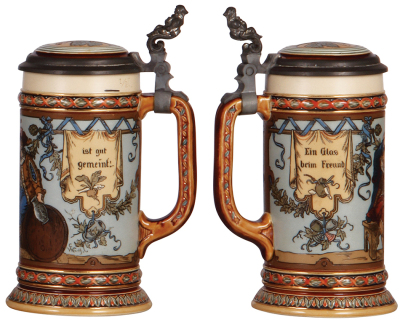 Two Mettlach steins, 1.0L, 1154, etched, porcelain inlaid lid: Normania sei's Panier! 1887, body repaired; with, .5L, 1932, etched, inlaid lid from #2801, mint. - 3