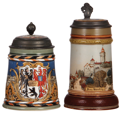 Two Mettlach steins, .5L, 2024, etched, inlaid lid, Berlin, inlay repaired; with, .5L, 2277, etched, inlaid lid, Burg Nürnberg, old inlay repair.