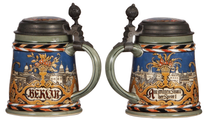Two Mettlach steins, .5L, 2024, etched, inlaid lid, Berlin, inlay repaired; with, .5L, 2277, etched, inlaid lid, Burg Nürnberg, old inlay repair. - 2