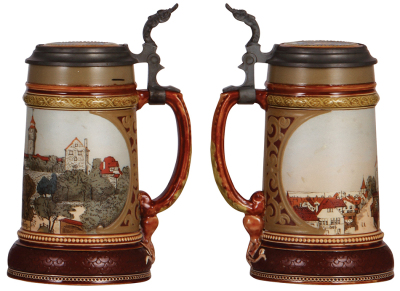 Two Mettlach steins, .5L, 2024, etched, inlaid lid, Berlin, inlay repaired; with, .5L, 2277, etched, inlaid lid, Burg Nürnberg, old inlay repair. - 3