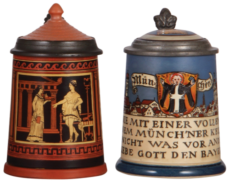 Two Mettlach steins, .5L, 2101, etched, inlaid lid, good inlay repair; with, .5L, 2002, etched, inlaid lid, mint.