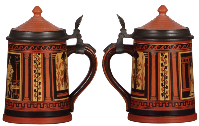 Two Mettlach steins, .5L, 2101, etched, inlaid lid, good inlay repair; with, .5L, 2002, etched, inlaid lid, mint. - 2