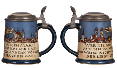 Two Mettlach steins, .5L, 2101, etched, inlaid lid, good inlay repair; with, .5L, 2002, etched, inlaid lid, mint. - 3