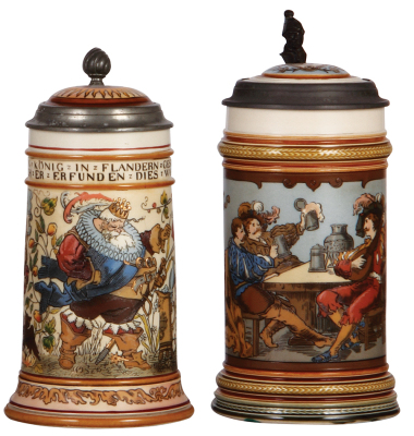 Two Mettlach steins, .5L, 2027, etched, inlaid lid, inlay repaired; with, .5L, 2231, etched, inlaid lid, crack at bottom of handle.