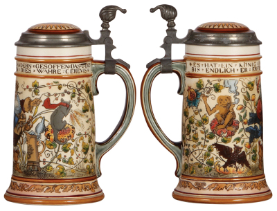 Two Mettlach steins, .5L, 2027, etched, inlaid lid, inlay repaired; with, .5L, 2231, etched, inlaid lid, crack at bottom of handle. - 2