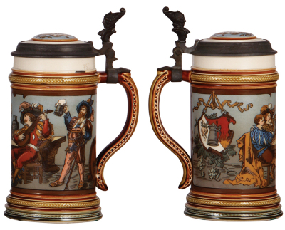 Two Mettlach steins, .5L, 2027, etched, inlaid lid, inlay repaired; with, .5L, 2231, etched, inlaid lid, crack at bottom of handle. - 3