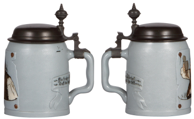 Two Mettlach steins, .5L, 1647, etched, by C. Warth, pewter lid, factory flaw under base; with, .5L, 1648, etched, by C. Warth, pewter lid, mint. - 2