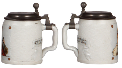 Two Mettlach steins, .5L, 1647, etched, by C. Warth, pewter lid, factory flaw under base; with, .5L, 1648, etched, by C. Warth, pewter lid, mint. - 3