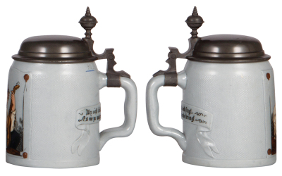 Two Mettlach steins, .5L, 1644, etched, by C. Warth, pewter lid, mint; with, .5L, 1645, mismarked 1647, etched, by C. Warth, pewter lid, mint. - 3