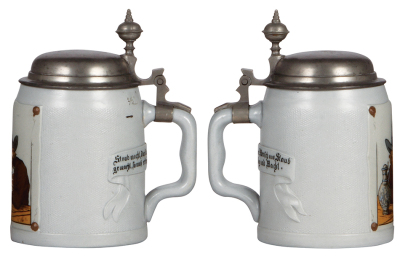 Two Mettlach steins, .5L, 1642, etched, by C. Warth, pewter lid, mint; with, .5L, 1643, etched, by C. Warth, pewter lid, pewter dent, otherwise mint. - 2
