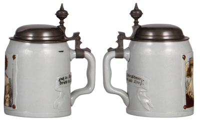 Two Mettlach steins, .5L, 1642, etched, by C. Warth, pewter lid, mint; with, .5L, 1643, etched, by C. Warth, pewter lid, pewter dent, otherwise mint. - 3