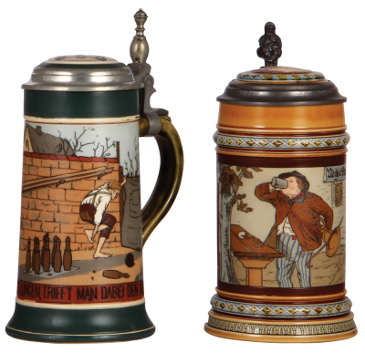 Two Mettlach steins, .5L, 2957, etched, inlaid lid, mint; with, .5L, 1995, etched, inlaid lid, mint.
