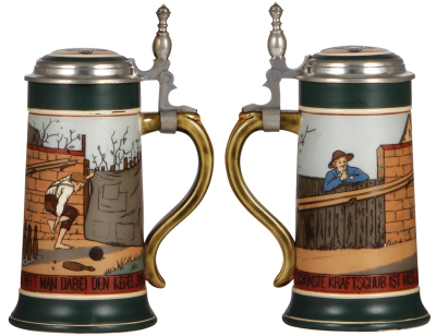 Two Mettlach steins, .5L, 2957, etched, inlaid lid, mint; with, .5L, 1995, etched, inlaid lid, mint. - 2