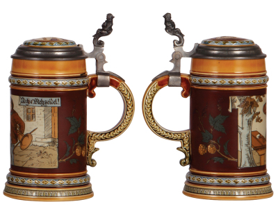 Two Mettlach steins, .5L, 2957, etched, inlaid lid, mint; with, .5L, 1995, etched, inlaid lid, mint. - 3