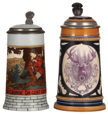 Two Mettlach steins, .5L, 2833B, etched, inlaid lid, mint; with, .5L, 2936, etched, inlaid lid, small ground base chip, otherwise mint.