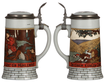 Two Mettlach steins, .5L, 2833B, etched, inlaid lid, mint; with, .5L, 2936, etched, inlaid lid, small ground base chip, otherwise mint. - 2