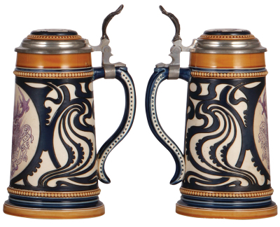 Two Mettlach steins, .5L, 2833B, etched, inlaid lid, mint; with, .5L, 2936, etched, inlaid lid, small ground base chip, otherwise mint. - 3