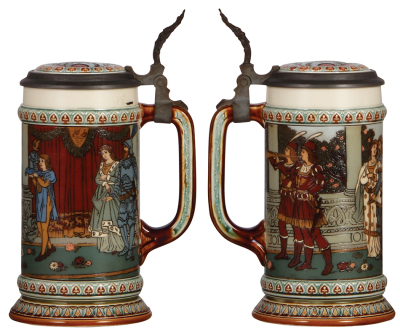 Two Mettlach steins, .5L, 2391, etched, inlaid lid, faint 1" hairline in rear; with, .5L, 1797, etched, original pewter lid, 2" hairline in rear. - 2