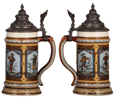 Two Mettlach steins, .5L, 2391, etched, inlaid lid, faint 1" hairline in rear; with, .5L, 1797, etched, original pewter lid, 2" hairline in rear. - 3