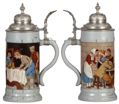 Two Mettlach steins, .5L, 2880, etched, by F. Quidenus, original pewter lid, mint; with, .5L, 1396, etched, by C. Warth, original brass lid, plating wear, otherwise mint. - 2