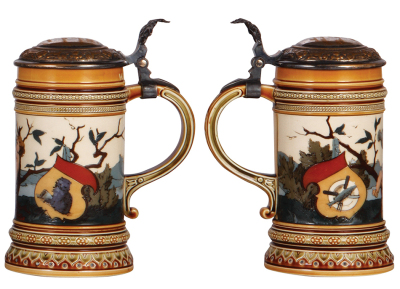 Two Mettlach steins, .5L, 2880, etched, by F. Quidenus, original pewter lid, mint; with, .5L, 1396, etched, by C. Warth, original brass lid, plating wear, otherwise mint. - 3